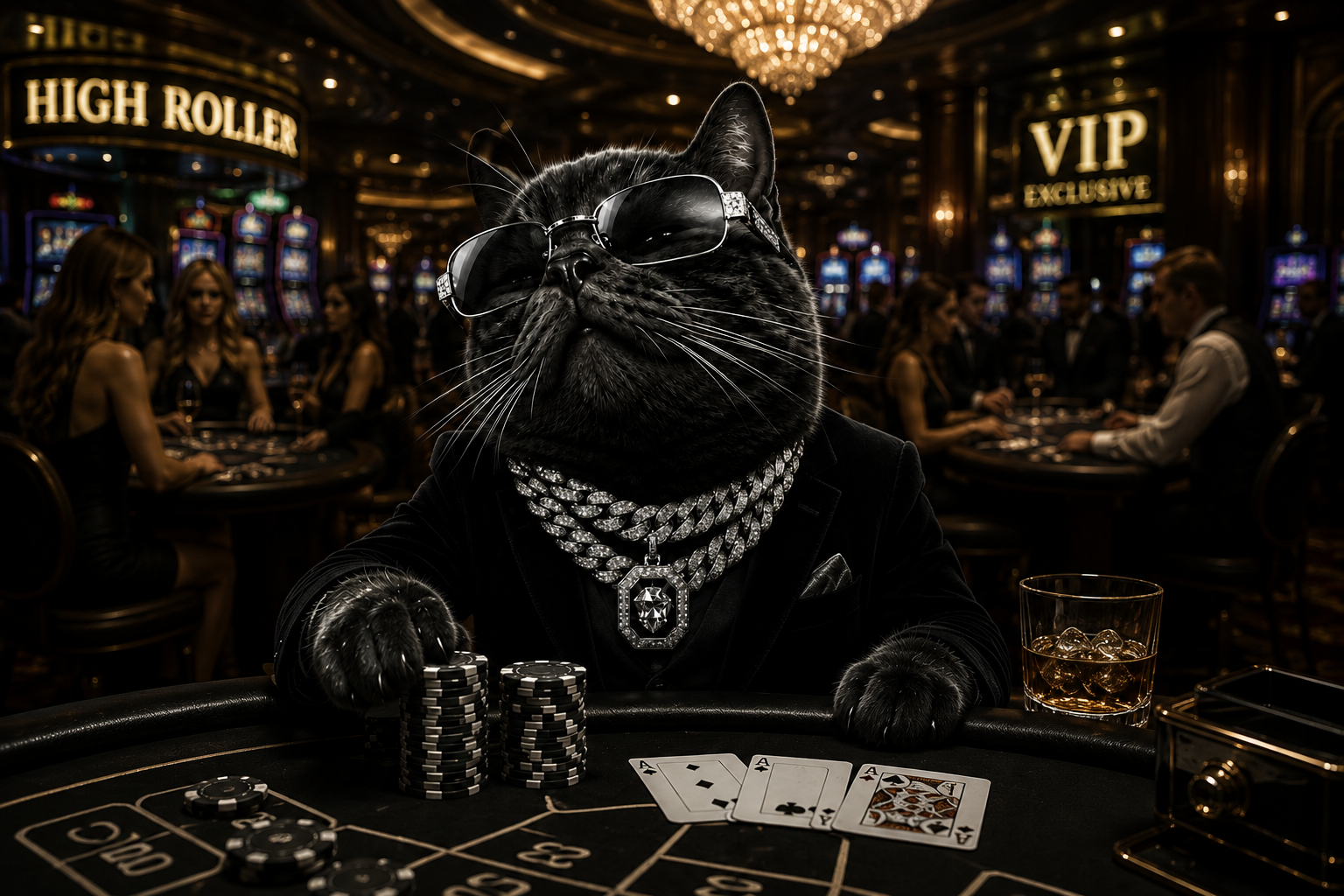 Catesey at a casino blackjack table with poker chips, whiskey and HIGH ROLLER neon signage