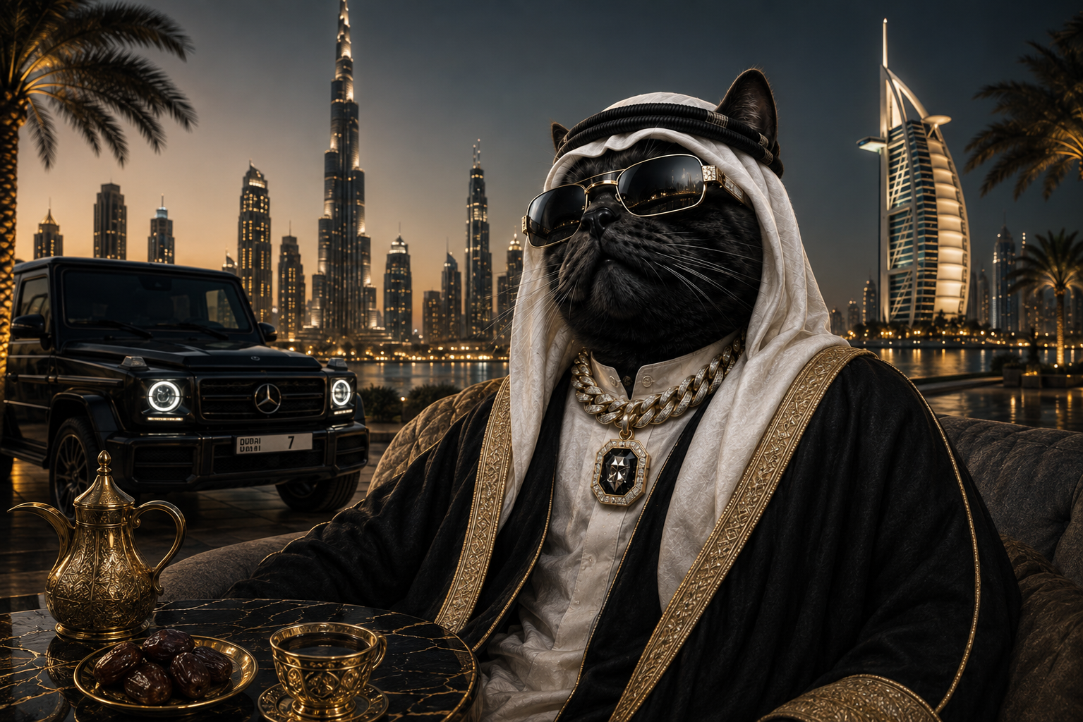 Catesey in a keffiyeh and robe in Dubai at night with the Burj Khalifa, Burj Al Arab and a black G-Wagon
