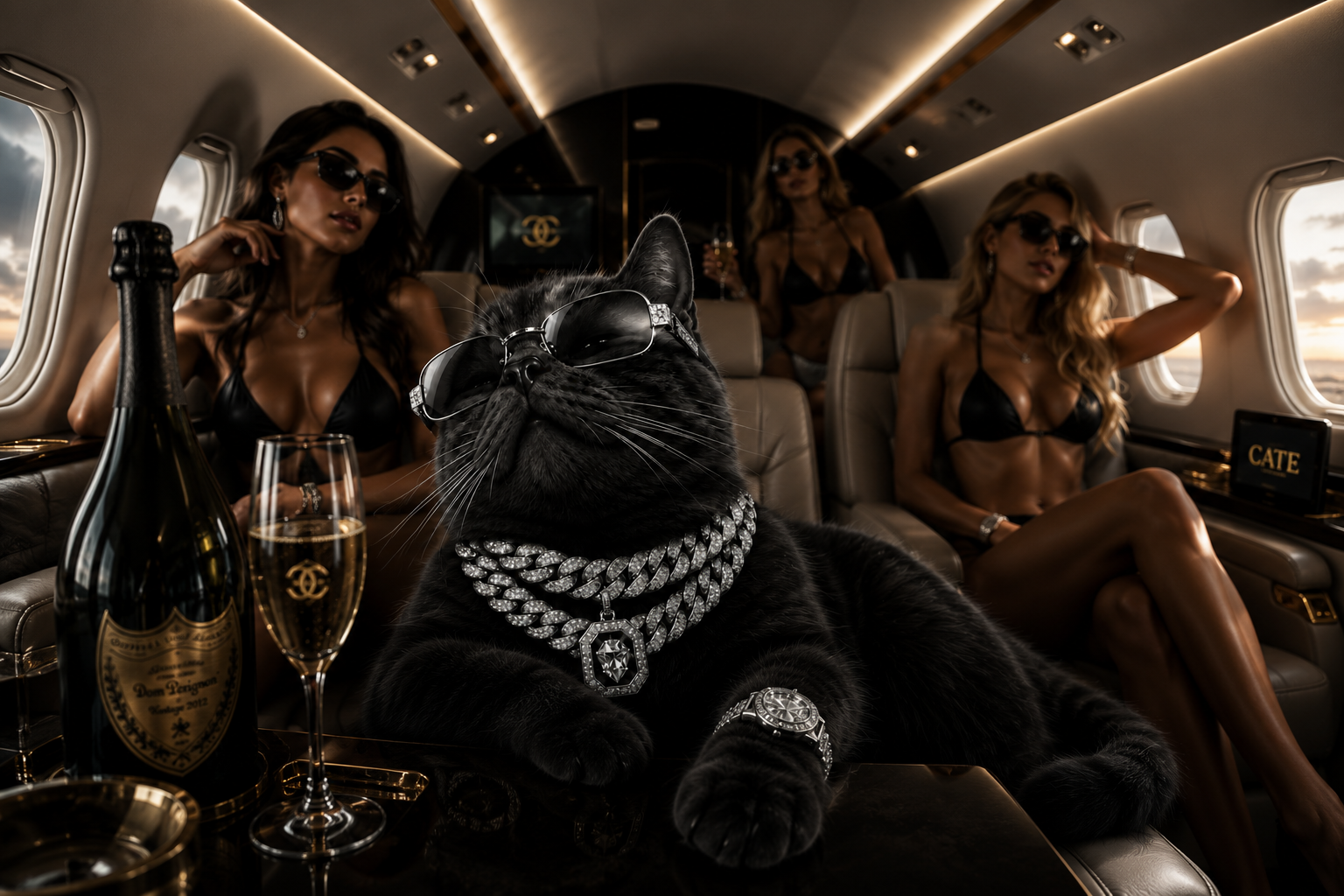 Catesey lounging in a private jet with a bottle of Dom Perignon and guests in sunglasses