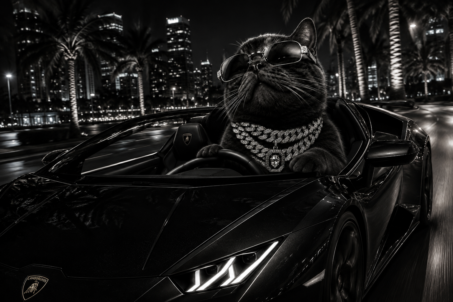 Catesey driving a black Lamborghini convertible at night past palm trees and a city skyline
