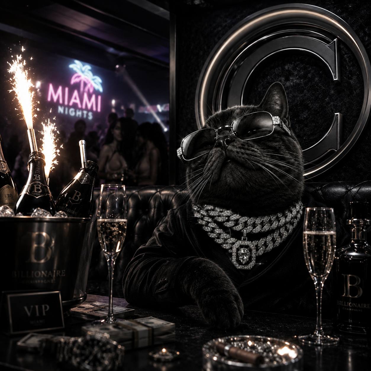 Catesey in a VIP club booth with champagne bottles, sparklers, cash stacks and a MIAMI NIGHTS neon sign