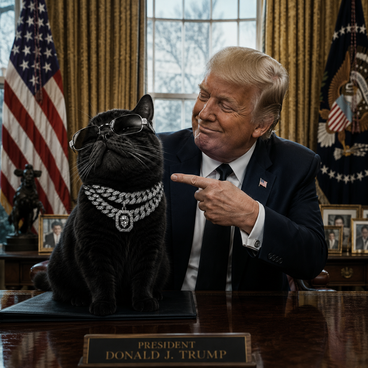 Catesey sitting on the Oval Office desk while Donald Trump points at him